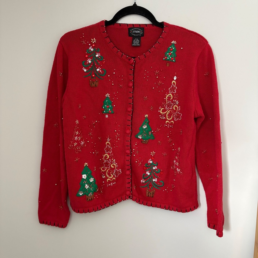 Vintage Designers Studio Originals Red Beaded Christmas‎ Tree Cardigan Sweater M